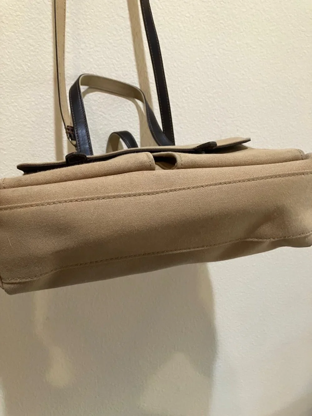 Lauren Ralph Lauren Vintage Canvas Leather Shoulder Satchel Tote Bag Beige Brown